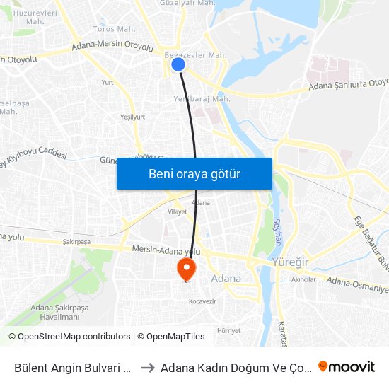 Bülent Angin Bulvari 6. Durak (Duygu Cafe) to Adana Kadın Doğum Ve Çocuk Hastalıkları Hastanesi map