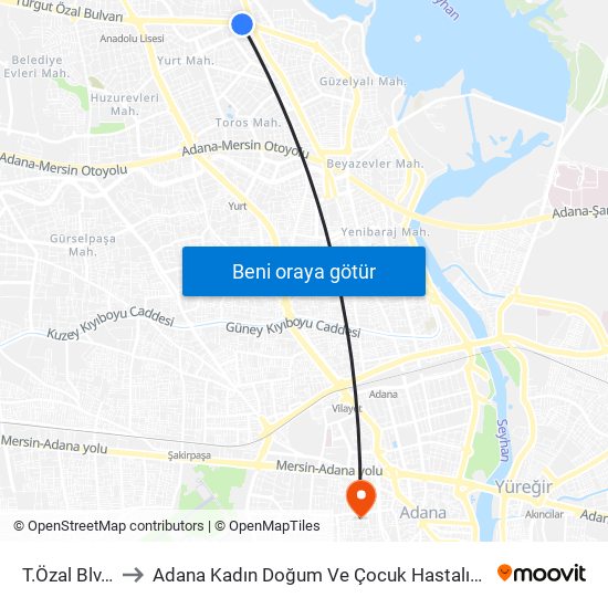 T.Özal Blv. 10b to Adana Kadın Doğum Ve Çocuk Hastalıkları Hastanesi map