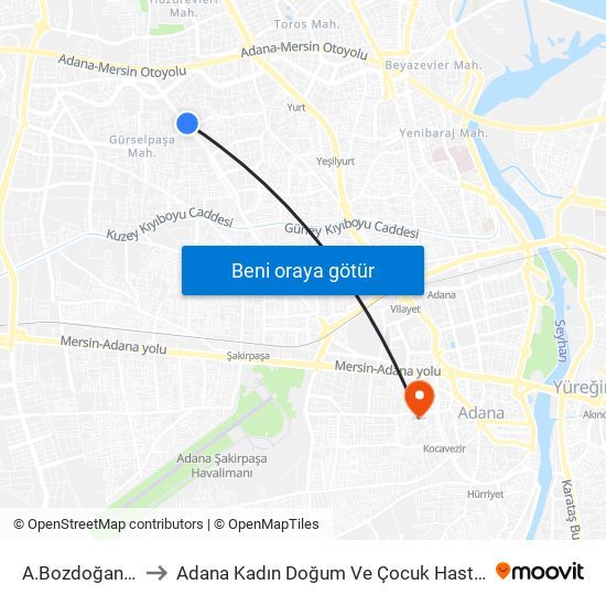 A.Bozdoğanoğlu 5a to Adana Kadın Doğum Ve Çocuk Hastalıkları Hastanesi map