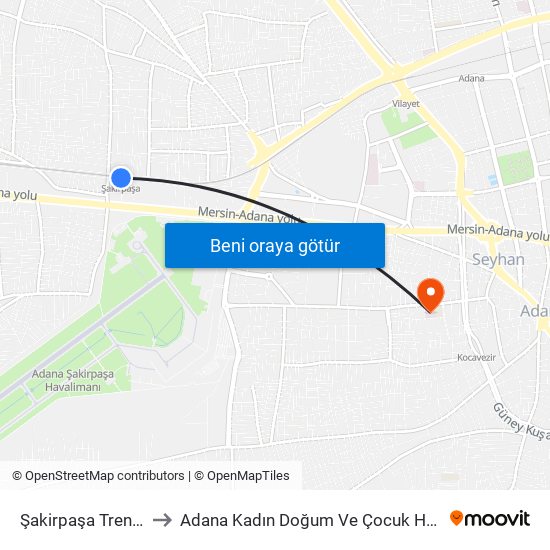 Şakirpaşa Tren İstasyonu to Adana Kadın Doğum Ve Çocuk Hastalıkları Hastanesi map