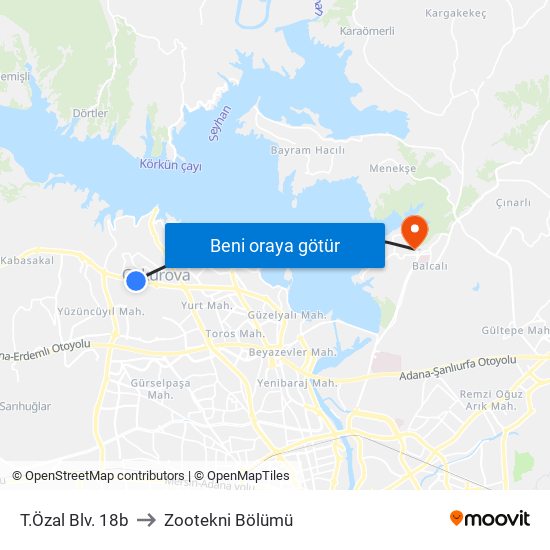 T.Özal Blv. 18b to Zootekni Bölümü map