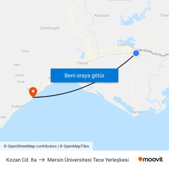 Kozan Cd. 8a to Mersin Üniversitesi Tece Yerleşkesi map