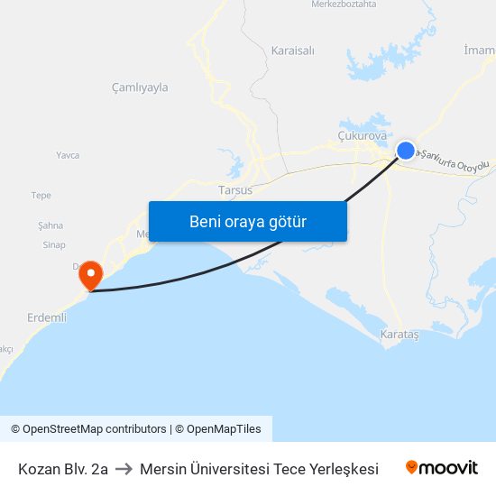 Kozan Blv. 2a to Mersin Üniversitesi Tece Yerleşkesi map