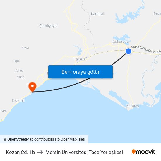 Kozan Cd. 1b to Mersin Üniversitesi Tece Yerleşkesi map