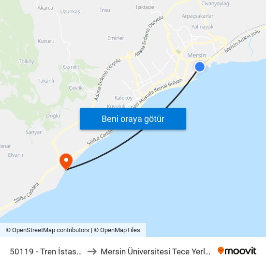 50119 - Tren İstasyonu to Mersin Üniversitesi Tece Yerleşkesi map