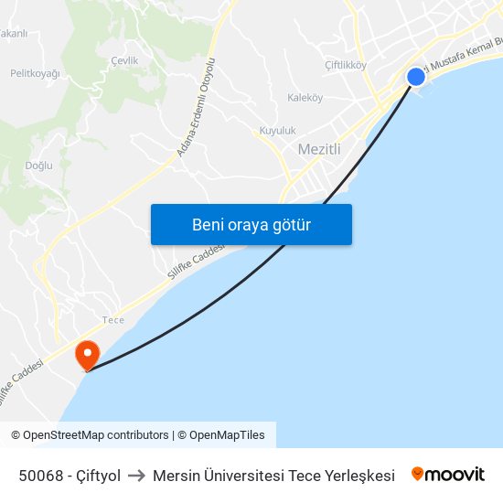 50068 - Çiftyol to Mersin Üniversitesi Tece Yerleşkesi map