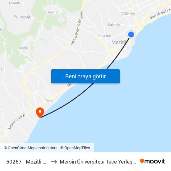 50267 - Mezitli Hali to Mersin Üniversitesi Tece Yerleşkesi map