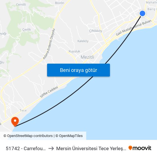 51742 - Carrefoursa to Mersin Üniversitesi Tece Yerleşkesi map