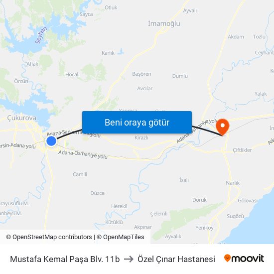 Mustafa Kemal Paşa Blv. 11b to Özel Çınar Hastanesi map