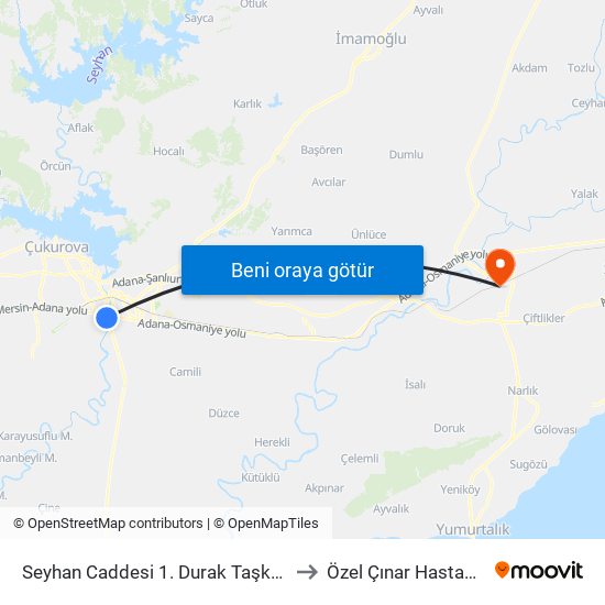 Seyhan Caddesi 1. Durak Taşköprü to Özel Çınar Hastanesi map