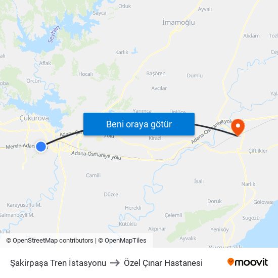 Şakirpaşa Tren İstasyonu to Özel Çınar Hastanesi map