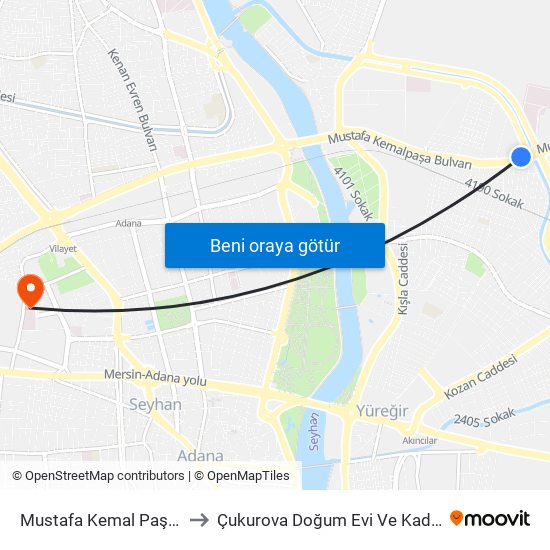 Mustafa Kemal Paşa Blv. 11b to Çukurova Doğum Evi Ve Kadın Hastanesi map