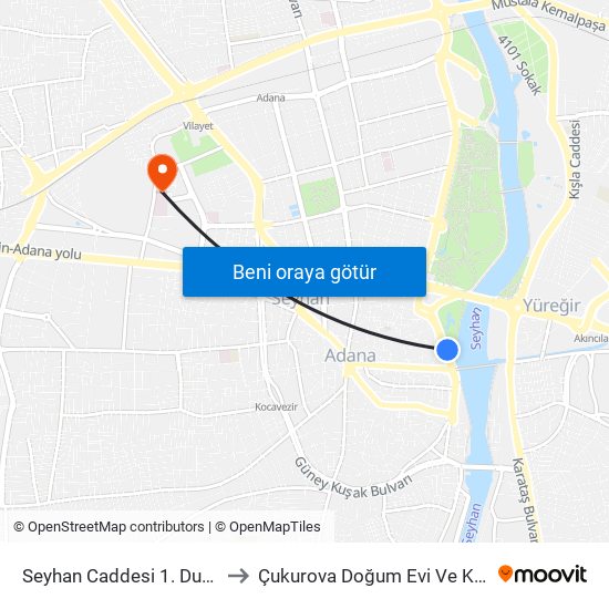 Seyhan Caddesi 1. Durak Taşköprü to Çukurova Doğum Evi Ve Kadın Hastanesi map