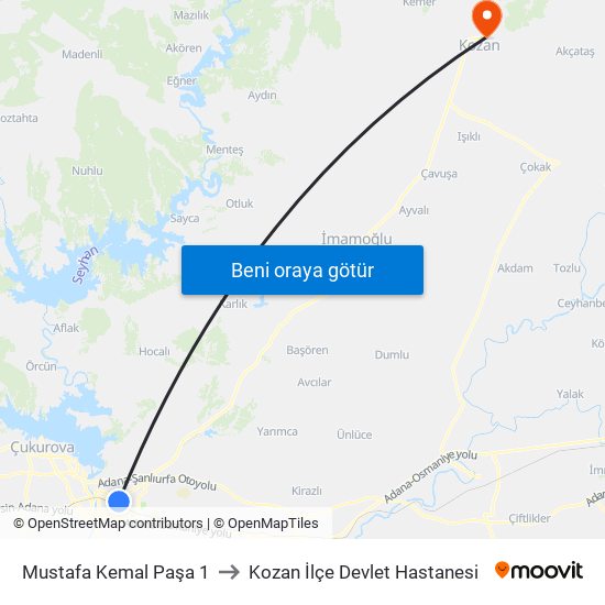 Mustafa Kemal Paşa 1 to Kozan İlçe Devlet Hastanesi map