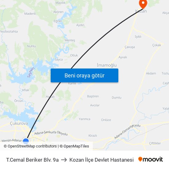 T.Cemal Beriker Blv. 9a to Kozan İlçe Devlet Hastanesi map