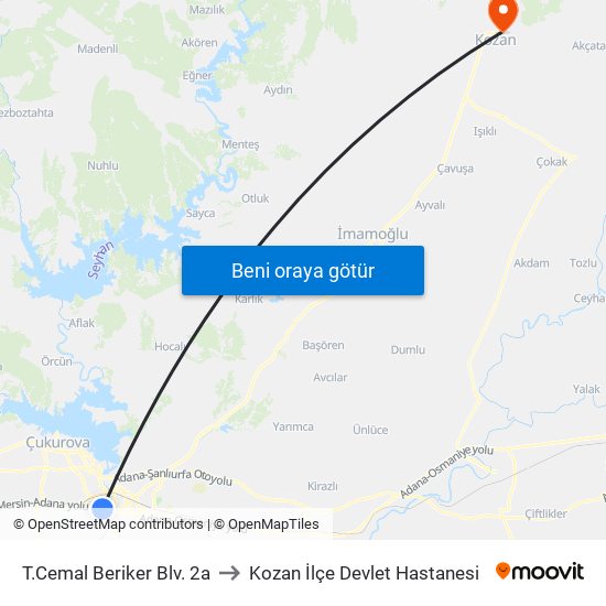 T.Cemal Beriker Blv. 2a to Kozan İlçe Devlet Hastanesi map