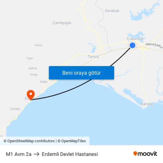 M1 Avm 2a to Erdemli Devlet Hastanesi map