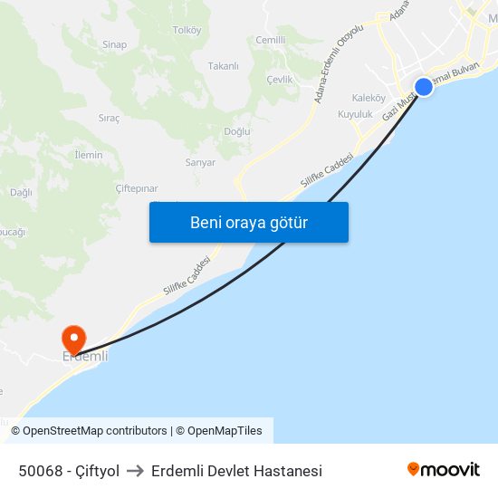 50068 - Çiftyol to Erdemli Devlet Hastanesi map