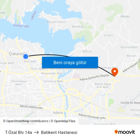 T.Özal Blv 14a to Batikent Hastanesi map