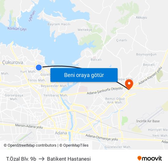 T.Özal Blv. 9b to Batikent Hastanesi map