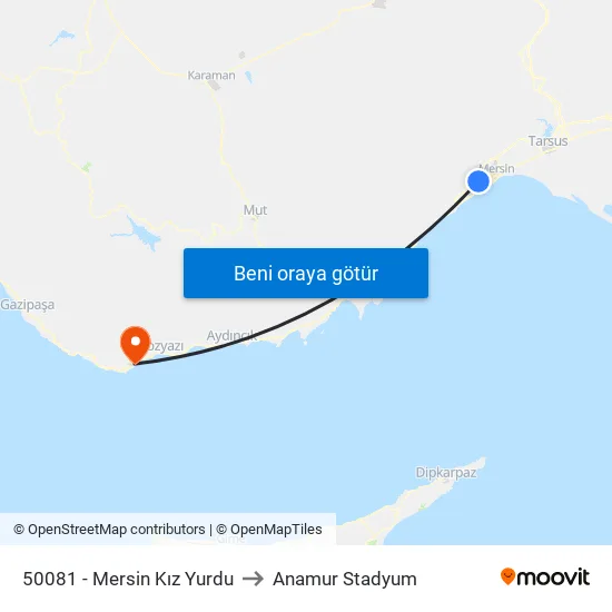 50081 - Mersin Kız Yurdu to Anamur Stadyum map