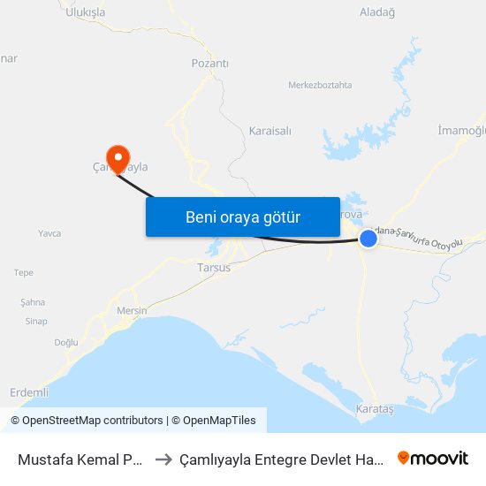 Mustafa Kemal Paşa 1 to Çamlıyayla Entegre Devlet Hastanesi map