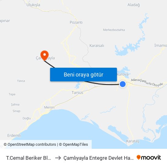 T.Cemal Beriker Blv. 10a to Çamlıyayla Entegre Devlet Hastanesi map