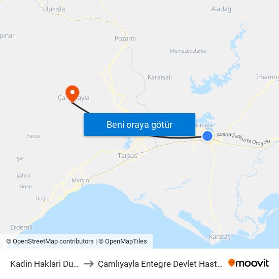 Kadin Haklari Duraği to Çamlıyayla Entegre Devlet Hastanesi map