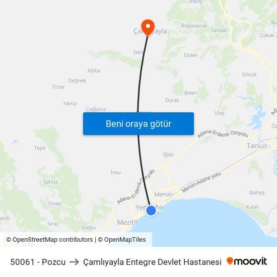 50061 - Pozcu to Çamlıyayla Entegre Devlet Hastanesi map