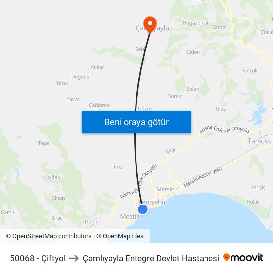 50068 - Çiftyol to Çamlıyayla Entegre Devlet Hastanesi map
