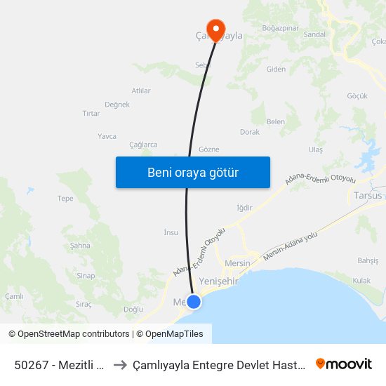 50267 - Mezitli Hali to Çamlıyayla Entegre Devlet Hastanesi map