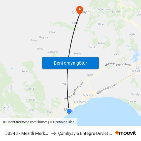50343 - Mezitli Merkez Camii to Çamlıyayla Entegre Devlet Hastanesi map