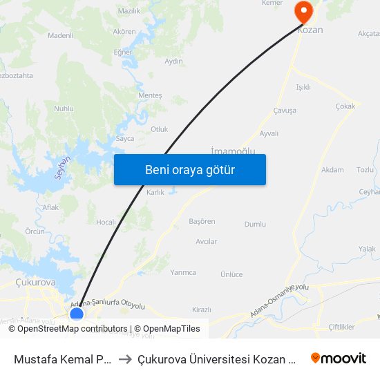 Mustafa Kemal Paşa Blv. 11b to Çukurova Üniversitesi Kozan Meslek Yüksekokulu map