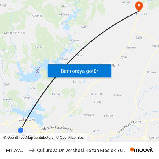 M1 Avm 1a to Çukurova Üniversitesi Kozan Meslek Yüksekokulu map