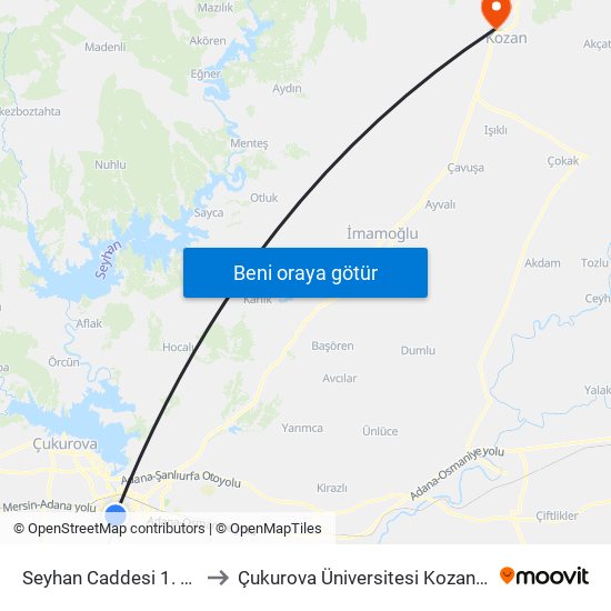 Seyhan Caddesi 1. Durak Taşköprü to Çukurova Üniversitesi Kozan Meslek Yüksekokulu map