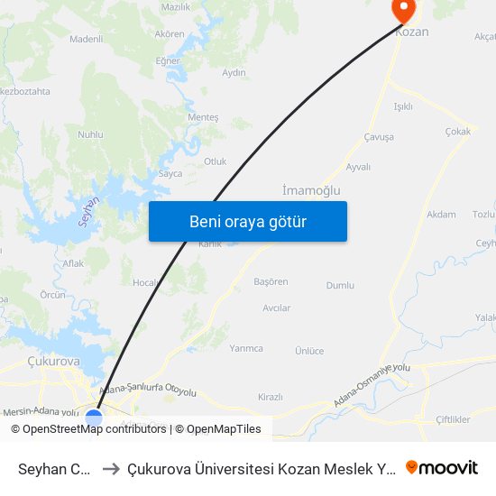 Seyhan Cd. 1a to Çukurova Üniversitesi Kozan Meslek Yüksekokulu map