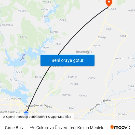 Girne Bulvari 1a to Çukurova Üniversitesi Kozan Meslek Yüksekokulu map