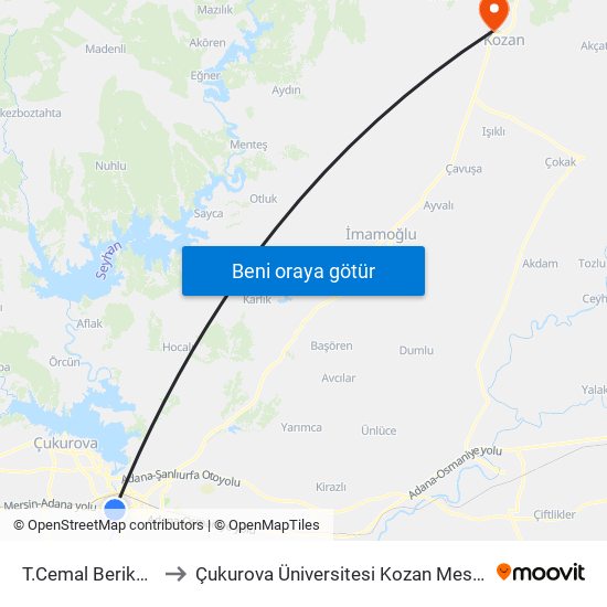 T.Cemal Beriker Blv. 1a to Çukurova Üniversitesi Kozan Meslek Yüksekokulu map