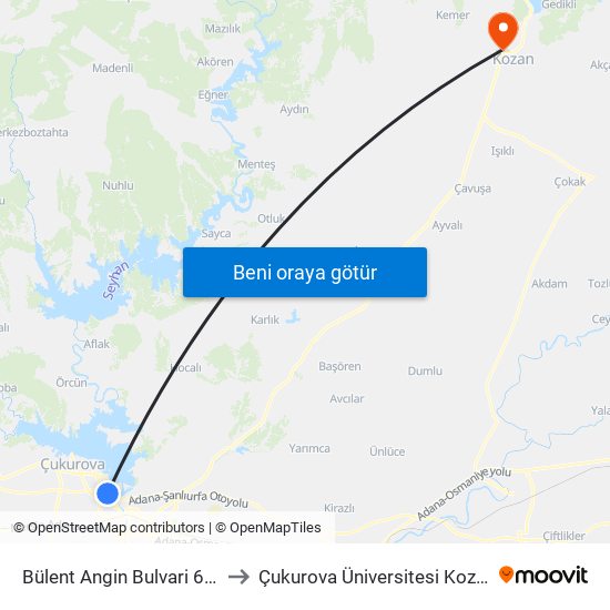 Bülent Angin Bulvari 6. Durak (Duygu Cafe) to Çukurova Üniversitesi Kozan Meslek Yüksekokulu map