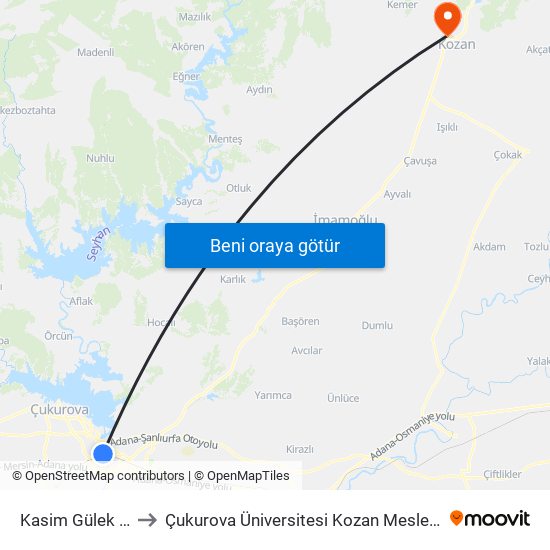 Kasim Gülek Blv. 1b to Çukurova Üniversitesi Kozan Meslek Yüksekokulu map