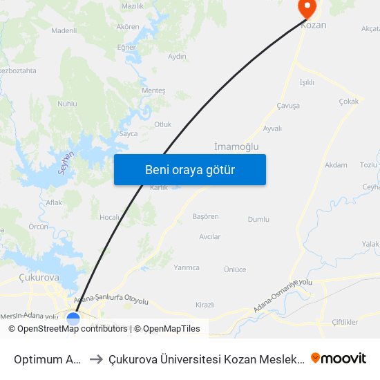 Optimum Avm 1b to Çukurova Üniversitesi Kozan Meslek Yüksekokulu map