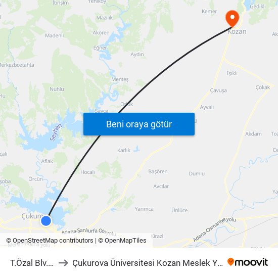 T.Özal Blv. 10b to Çukurova Üniversitesi Kozan Meslek Yüksekokulu map