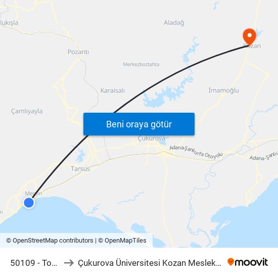 50109 - Topçular to Çukurova Üniversitesi Kozan Meslek Yüksekokulu map