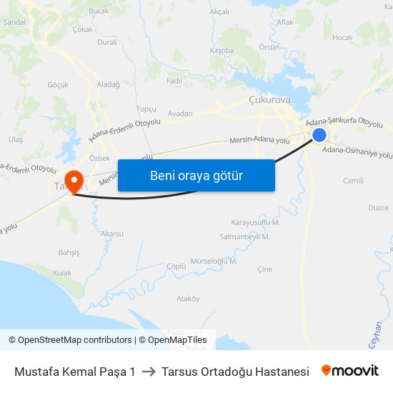 Mustafa Kemal Paşa 1 to Tarsus Ortadoğu Hastanesi map