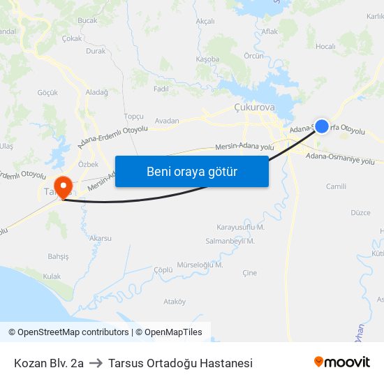 Kozan Blv. 2a to Tarsus Ortadoğu Hastanesi map