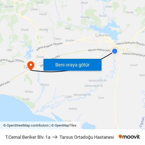 T.Cemal Beriker Blv. 1a to Tarsus Ortadoğu Hastanesi map