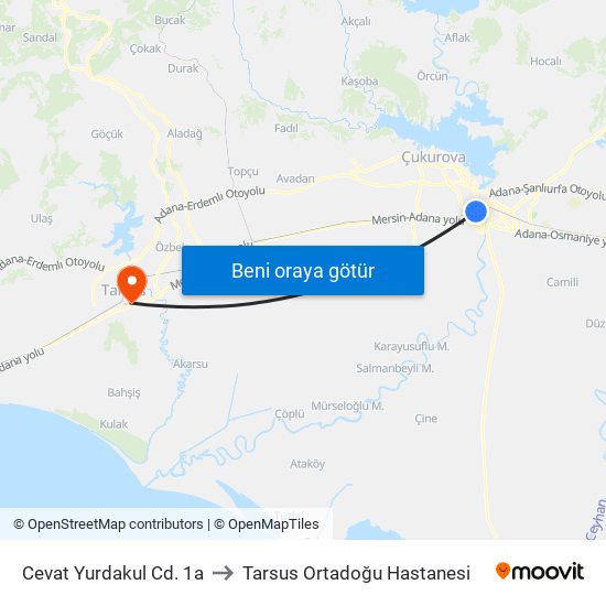 Cevat Yurdakul Cd. 1a to Tarsus Ortadoğu Hastanesi map