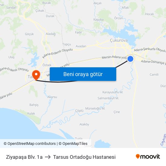 Ziyapaşa Blv. 1a to Tarsus Ortadoğu Hastanesi map