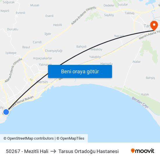 50267 - Mezitli Hali to Tarsus Ortadoğu Hastanesi map