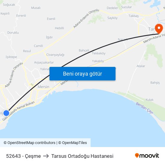 52643 - Çeşme to Tarsus Ortadoğu Hastanesi map